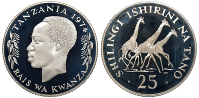 Танзания 25 шиллингов 1974 жирафы, в коробке KM 7а серебро PROOF 2-4-2-46