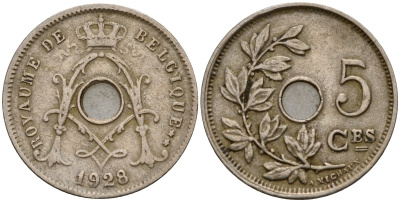 Бельгия 5 сантимов 1928 Royaume de Belgique KM 66 медно-никель 4189-753