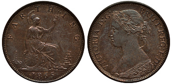 Великобритания 1 фартинг 1865 Виктория (1837-1901) KM 747.2, Spink 3958 бронза 1523-1241