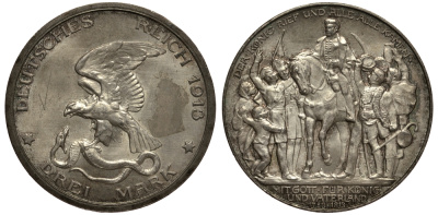 Пруссия 3 марки 1913 Вильгельм II (1888-1918), 100 лет победы над Наполеоном KM 534, J. 110 серебро 3711-1214