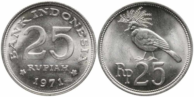 Индонезия 25 рупий 1971 венценосный голубь KM 34 медно-никель 86-1652