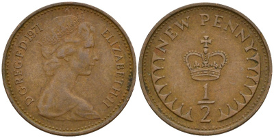 Великобритания 1/2 пенни 1971 Елизавета II (1952-2022) KM 914, Spink 4239 бронза 4152-412