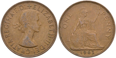 Великобритания 1 пенни 1963 Елизавета II (1952-2022) KM 897, Spink 4157 бронза 4574-222