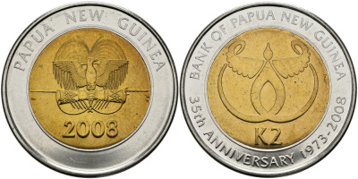 Папуа-Новая Гвинея 2 кина 2008 35 лет Центральному банку Папуа-Новой Гвинеи KM 51 биметалл UNC M45-09