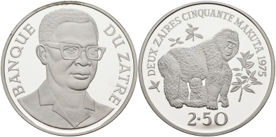 Заир 2,5 заира 1975 серия защита окружающей среды, гориллы, тираж 6629 экз. KM 9 серебро PROOF 00-00