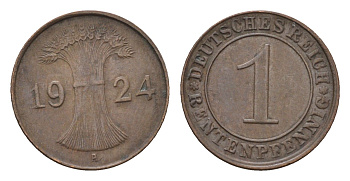 Германия 1 рентенпфенниг 1924 A KM 30, J. 306 бронза 4696-561