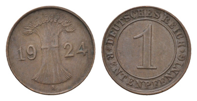 Германия 1 рентенпфенниг 1924 A KM 30, J. 306 бронза 4696-561