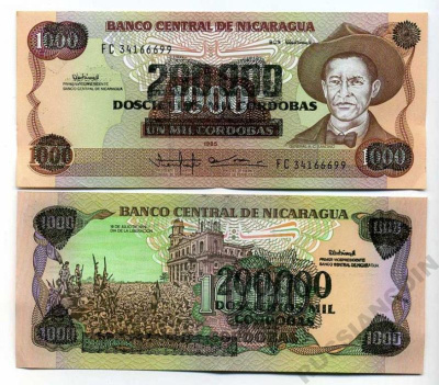 Никарагуа 200000 кордоба 1990 надпечатка на 1000 кордоба 1985 серия FC, Генерал Аугусто Сесар Сандино Pick 162 бумага UNC (пресс) 447-70-3-2