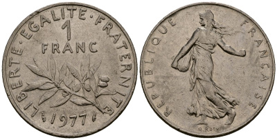 Франция 1 франк 1977 сеятель KM 925.1, Le Franc 226.4 никель 4138-317
