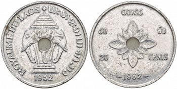 Лаос 20 центов 1952 король Сисаванг Вонг (1904-1959), слоны KM 5 алюминий 4545-432