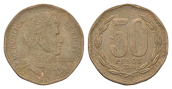 Чили 50 песо 2006 Бернардо О’Хиггинс KM 219 алюминиевая бронза 4663-415