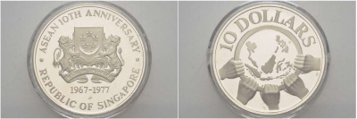 СИНГАПУР 10 ДОЛЛАРОВ 1977 10 ЛЕТ АССОЦИАЦИИ ГОСУДАРСТВ ЮГО-ВОСТОЧНОЙ АЗИИ (ASEAN) (1967-1977), ТИРАЖ 10000 ЭКЗ., ВЕС 31,1 ГР., ПРОБА 500 KM 16 серебро PROOF 1081-6-12