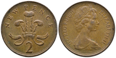 Великобритания 2 пенса 1971 Елизавета II (1952-2022) KM 916, Spink 4235 (C1) бронза 87-651