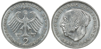 ФРГ 2 марки 1973 D, Теодор Хойс KM 127, J. 407 медно-никель плакированный никелем UNC 4681-944