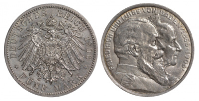 Баден 5 марок 1906 золотая свадьба Фридриха I и Луизы, Weege 35, J. 35, KM 277 серебро aUNC 00-815-62