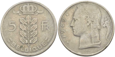 Бельгия 5 франков 1949 Леопольд III (1934-1950), Belgique KM 134.1 медно-никель 119-711