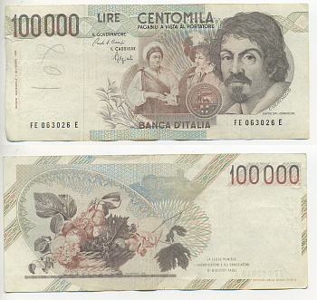 Италия 100000 лир 1983 Караваджо, фруктовый букет, подпись Stevani Pick 110а бумага 7220-2-1