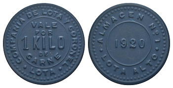 Чили, компании Лота и Коронель (Compania de Lota y Coronel) - Склад № 2 жетон в 1 килограмма мяса 1920 диаметр 34,5 мм, вес 4,7 гр не описан в Espinosa эбонит (синий) 01-237-31