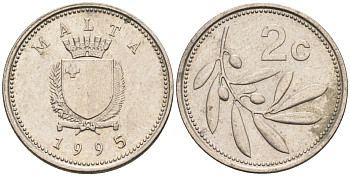 Мальта 2 цента 1995 оливковая ветвь KM 94 медно-никель 188-1148