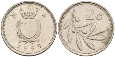 Мальта 2 цента 1995 оливковая ветвь KM 94 медно-никель 188-1148