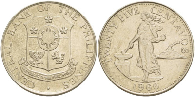 ФИЛИППИНЫ 25 СЕНТАВО 1966 KM 189.1 медь никель цинк 4544-553