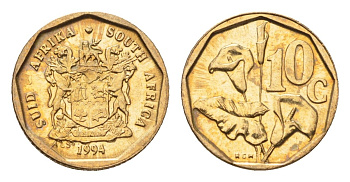 ЮАР 10 центов 1994 герб, цветок алоэ KM 135 сталь плакированная бронзой UNC 4694-711
