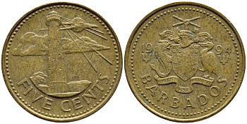 Барбадос 5 центов 1994 маяк Саут-Пойнт KM 11 латунь 4398-545