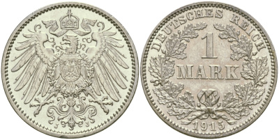 Германия 1 марка 1915 J Weege 18, J. 17, KM 14 серебро aUNC 98-1143