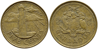 Барбадос 5 центов 1994 маяк Саут-Пойнт KM 11 латунь 4398-545