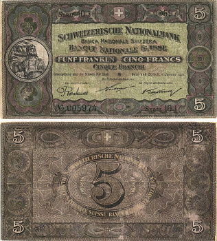 Швейцария 5 франков 1921 1 января 1921, серия 10 J Pick 11 e бумага 8606-9-2-2