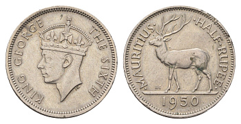 Маврикий 1/2 рупии 1950 Георг VI (1936-1952) KM 28 медно-никель 84-821