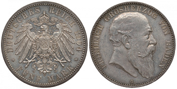 Баден 5 марок 1904 G, Фридрих I (1856-1907) Weege 31, J. 33, KM 274 серебро 00-819-19