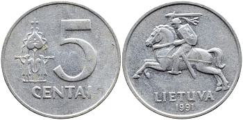 ЛИТВА 5 ЦЕНТОВ 1991 KM 87 алюминий 4393-841