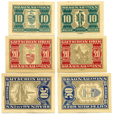 Австрия, Браунау-ам-Инн набор из 3 банкнот 10, 20, 50 геллеров 1920 31 декабря 1920, нотгельд, земля Верхняя Австрия   бумага  UNC (пресс) 7555-23-1-2