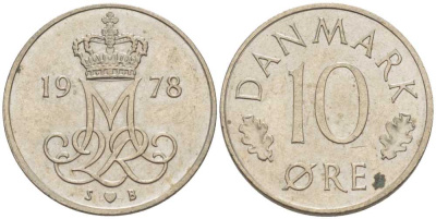 ДАНИЯ 10 ЭРЕ 1978 S; B, МАРГРЕТЕ II (1972-) KM 860.1 медно-никель 4387-1223