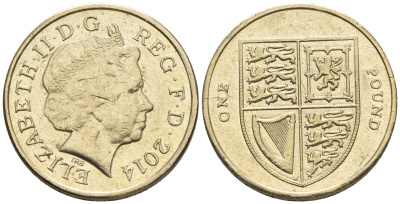 Великобритания 1 фунт 2014 Елизавета II (1952-2022), королевский щит KM 1113 никель латунь 60-1323