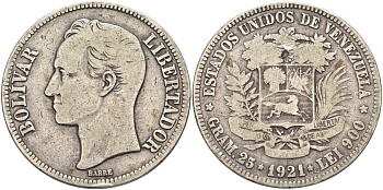 Венесуэла 5 боливаров 1921 Симон Боливар KM 22 серебро 4578-235