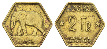 Бельгийское Конго 2 франка 1943 слон, шестиугольная, год тип KM 25 латунь 4127-1734