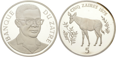 Заир 5 заиров 1975 серия защита окружающей среды, окапи Джонстона, тираж 6431 экз. KM 10 серебро PROOF 1074-3-14