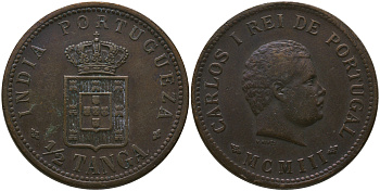 Португальская Индия 1/2 танга = 30 рейс 1903 Карлуш (Карл) I (1889-1908) KM 16 бронза    4168-242