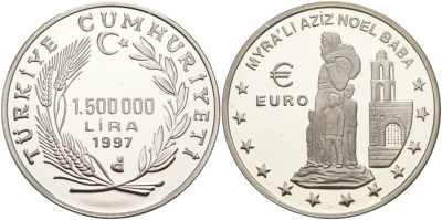 Турция 1500000 лир 1997 Санта-Клаус из Миры (Николай Чудотворец) KM 1100 серебро PROOF 02-038-31