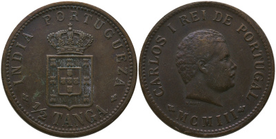 Португальская Индия 1/2 танга = 30 рейс 1903 Карлуш (Карл) I (1889-1908) KM 16 бронза    4168-242