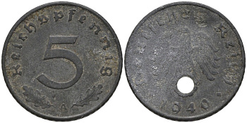Германия 5 рейхспфеннигов 1940 А, монетный двор Берлин KM 100, J. 370 цинк 186-652