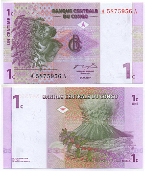 ДР Конго 1 сантим 1997 вулкан, сбор кофе Pick 80 a бумага UNC (пресс) 444-114-1-2