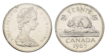 Канада 5 центов 1965 Елизавета II (1952-2022), бобр, в запайке KM 60.1 никель PROOF 4527-921