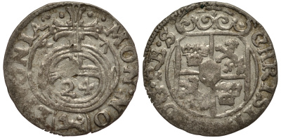 Ливония, Рига 1/24 талера 1647 Шведская оккупация, Кристина (1632-1654), минтмарк собака, вес 1,09 гр. KM 3 серебро 1516-614