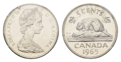 Канада 5 центов 1965 Елизавета II (1952-2022), бобр, в запайке KM 60.1 никель PROOF 4527-921