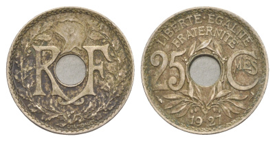 Франция 25 сантимов 1927 KM 867a медно-никель 83-511