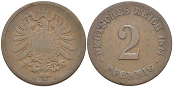 ГЕРМАНИЯ 2 ПФЕННИГА 1874 B, СТАРОГЕРБОВКА KM 2, J. 2, Weege 3 медь 4181-523