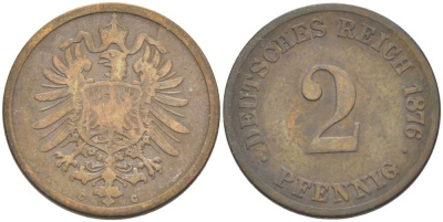 Германия 2 пфеннига 1876 C, старогербовка KM 2, Jager 2, Weege 3 медь 212-657
